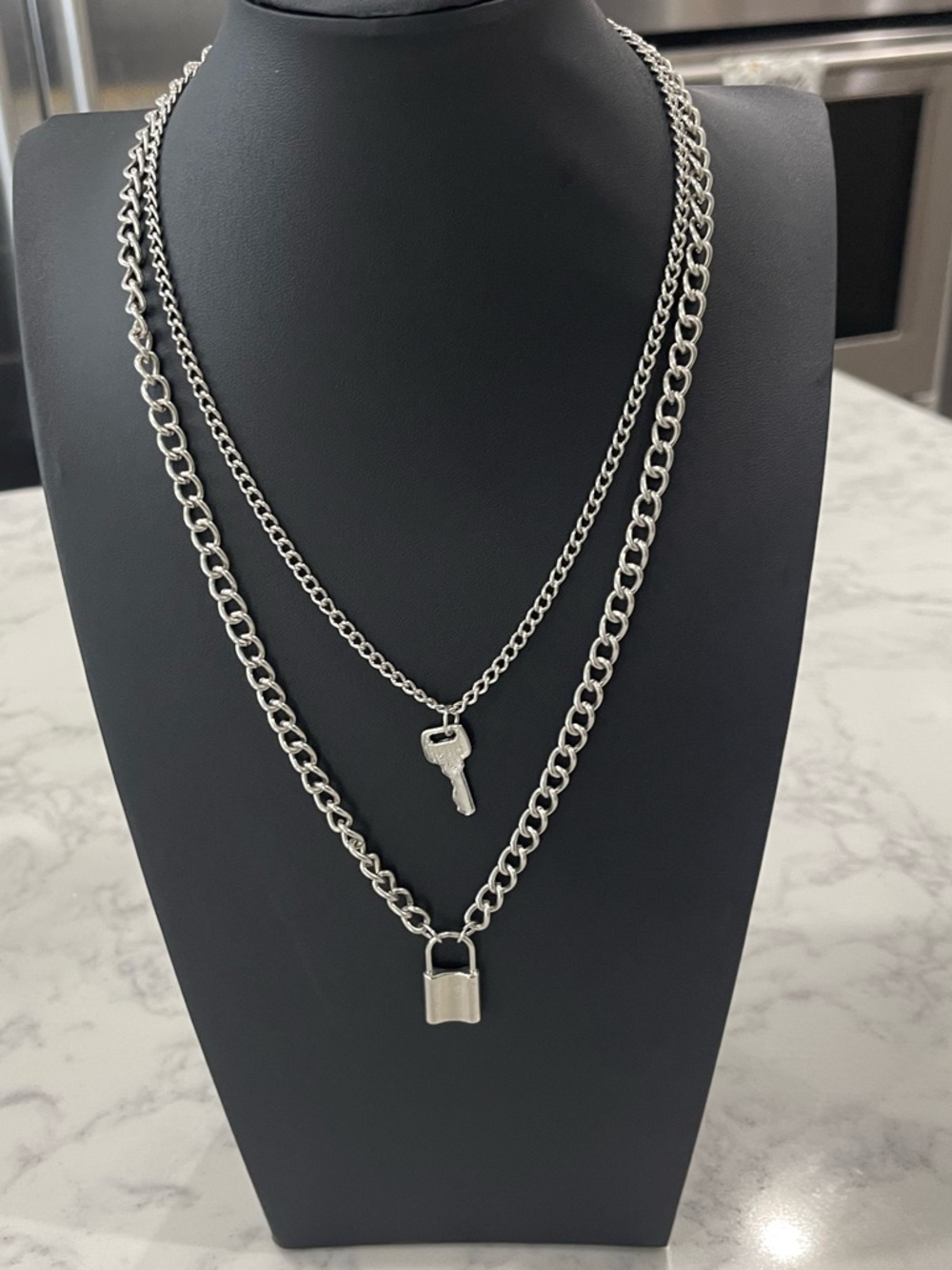 Silver Tone Layered Padlock & Key Necklace Set